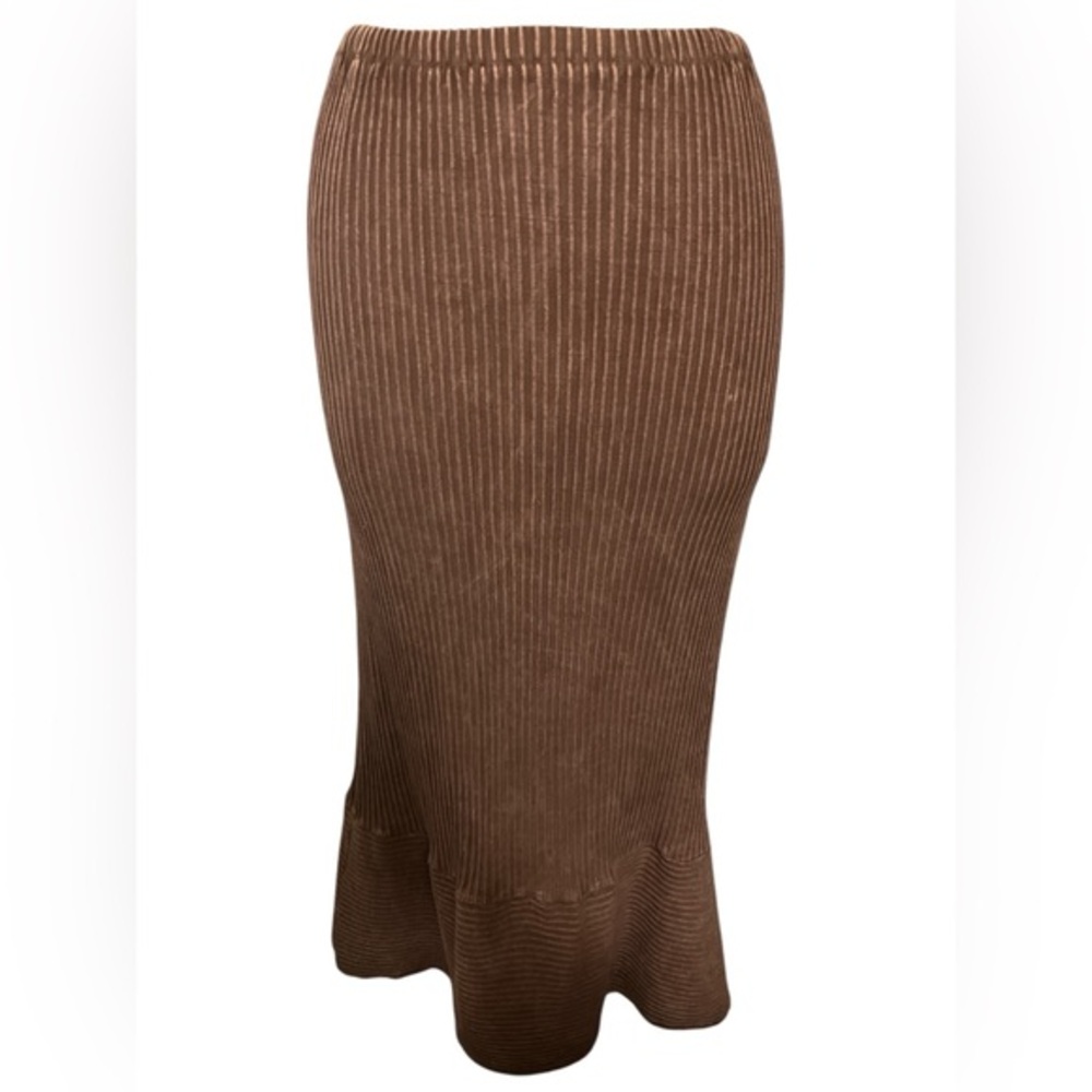 Fenini Vintage Brown Ribbed Skirt w/asymmetrical ruffle hem side slit Size S